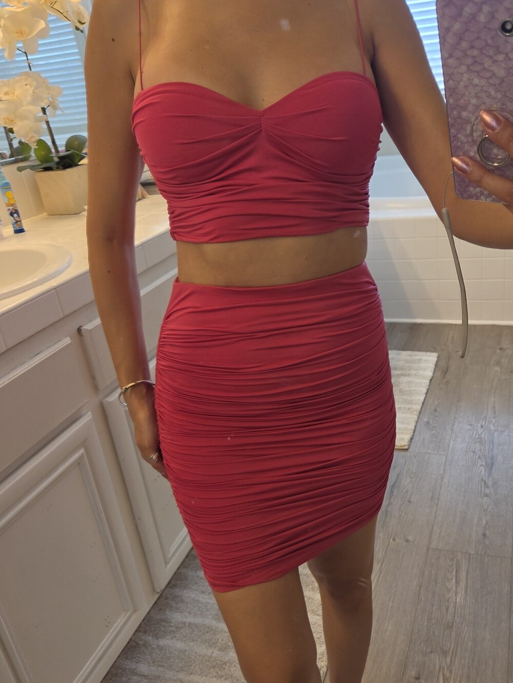 Oh Polly 2 Piece Skirt Set US4. Women's Hot Pink Ruched Two-Piece Skirt Set